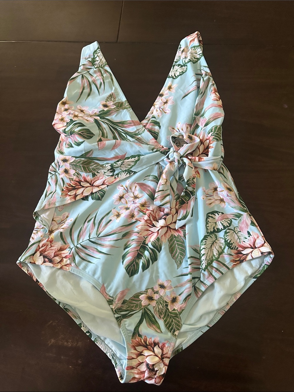 Kona Sol Floral Wrap One-Piece Swimsuit in Light Blue and Pink XL